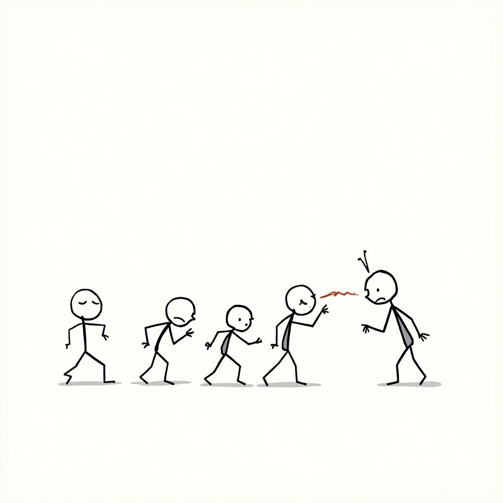 Illustration of stick figures showing an evolution of emotion leading to anger. Characters appear in various poses displaying feelings.