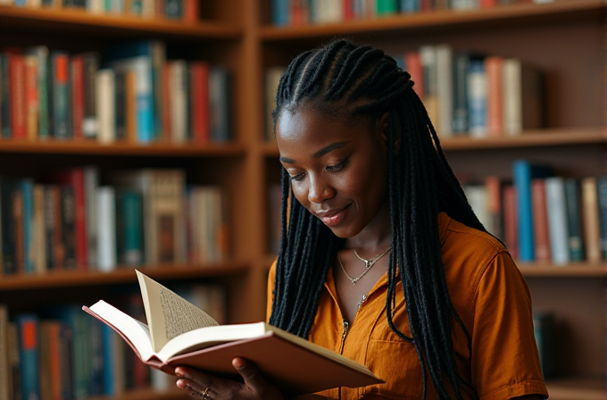 A person with braided hair is engrossed in reading a book in a library, with shelves filled with books in the background.