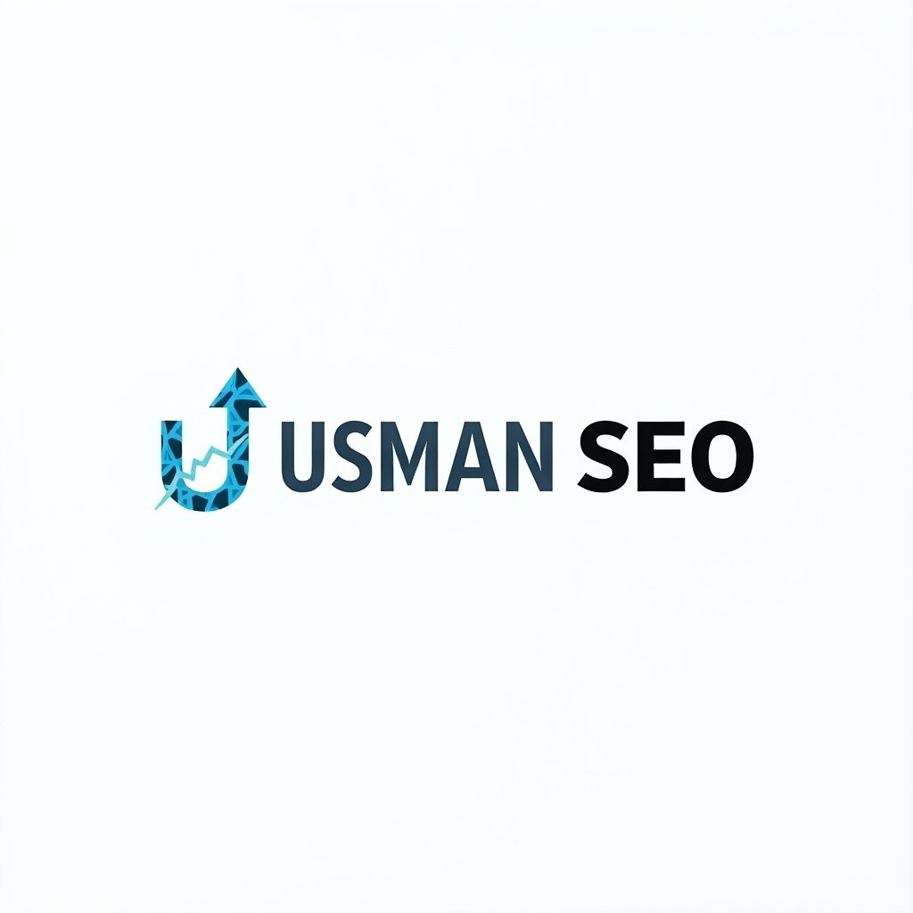 Generate a logo for USMAN SEO. Features a minimalistic design using shades of blue, white, and gray. Utilizes sleek, sans-serif fonts like Montserrat for the text. Incorporates an upward arrow or graph icon to symbolize growth and SEO progress. Highlights the digital nature with geometric patterns. Uses futuristic fonts with gradient blue for a modern touch. The design is horizontally aligned for integration with the website. Includes SEO-themed elements like upward-pointing arrows.