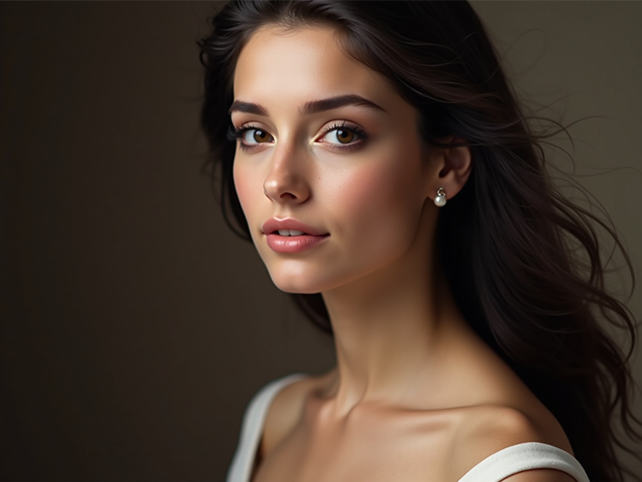 The image portrays a young woman with a serene expression. She is adorned in subtle makeup that enhances her natural beauty. Soft lighting casts gentle shadows, adding depth to her complexion. Her flowing dark hair elegantly frames her face. A delicate pearl earring adds a touch of sophistication to her overall appearance.