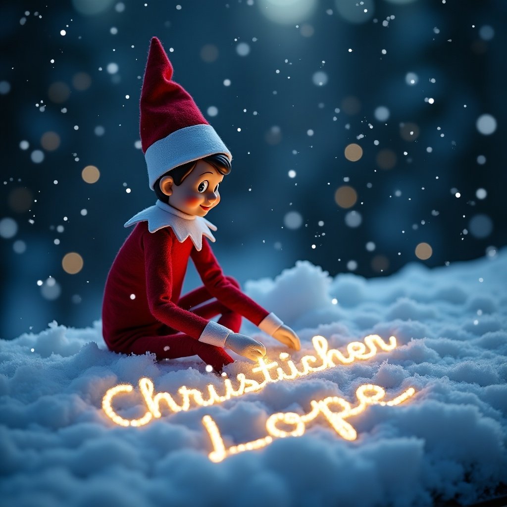 Elf character sitting in snow writing glowing text in cursive. The text seems magical. Snow is softly falling around the scene. Warm lighting illuminates elf's face and text.