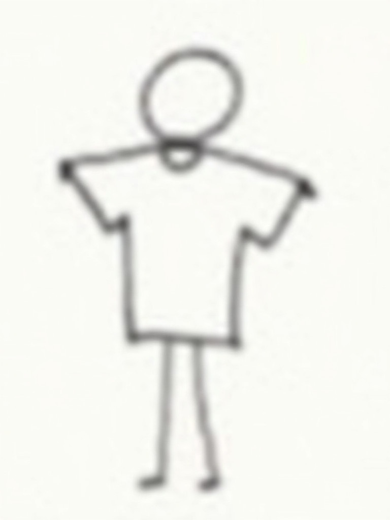 Doodle of stick figure with a round head pulling a shirt over its head.