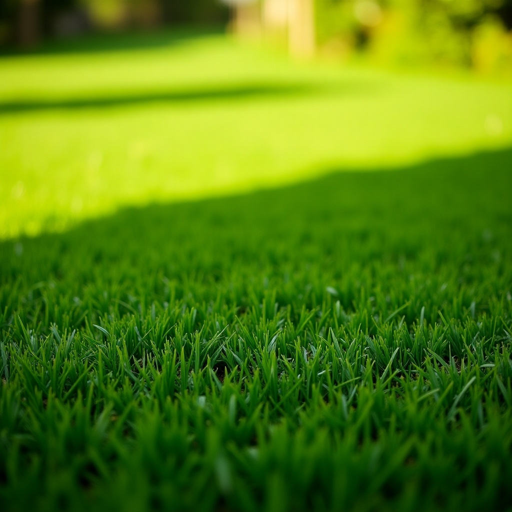 Close-up view of lush green artificial grass. Image captures the texture and color of synthetic turf. Sunlight enhances the vibrancy of the grass blades.