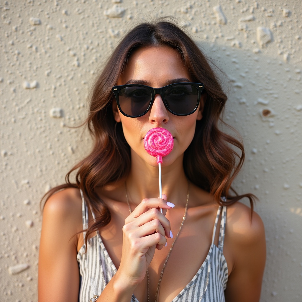 Woman in sunglasses enjoys a lollipop while posing against a textured wall.