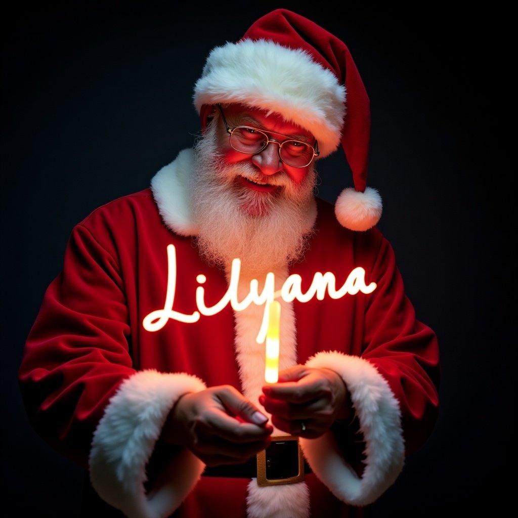 Image of Santa Claus in red and white suit. Santa appears warm and joyful. Dark background enhances bright text. Glow stick forms name 'Lilyana'. Festive scene captures Christmas magic.