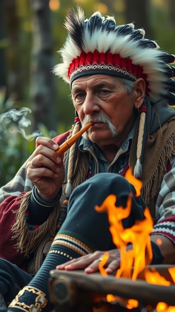 An elderly man in traditional attire sits by a campfire, holding a pipe and appearing deep in thought.