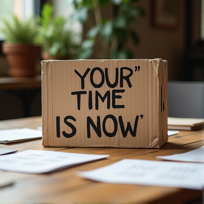 A cardboard box with the motivational phrase 'Your Time is Now' sits on a wooden table.