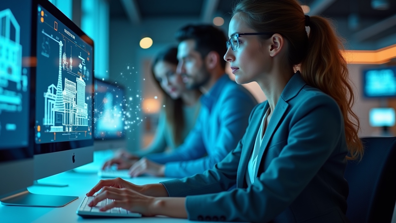 Magical atmosphere in a high-tech design studio, BIM professionals collaborating on projects using AI tools. Focus on concentration and creativity. Shot in close-up with dramatic lighting.