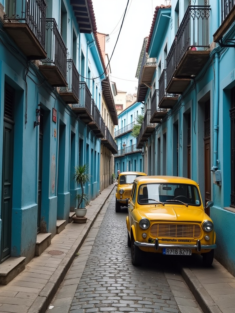 Narrow street with cobblestones with vintage yellow vehicles and old buildings painted in blue tones