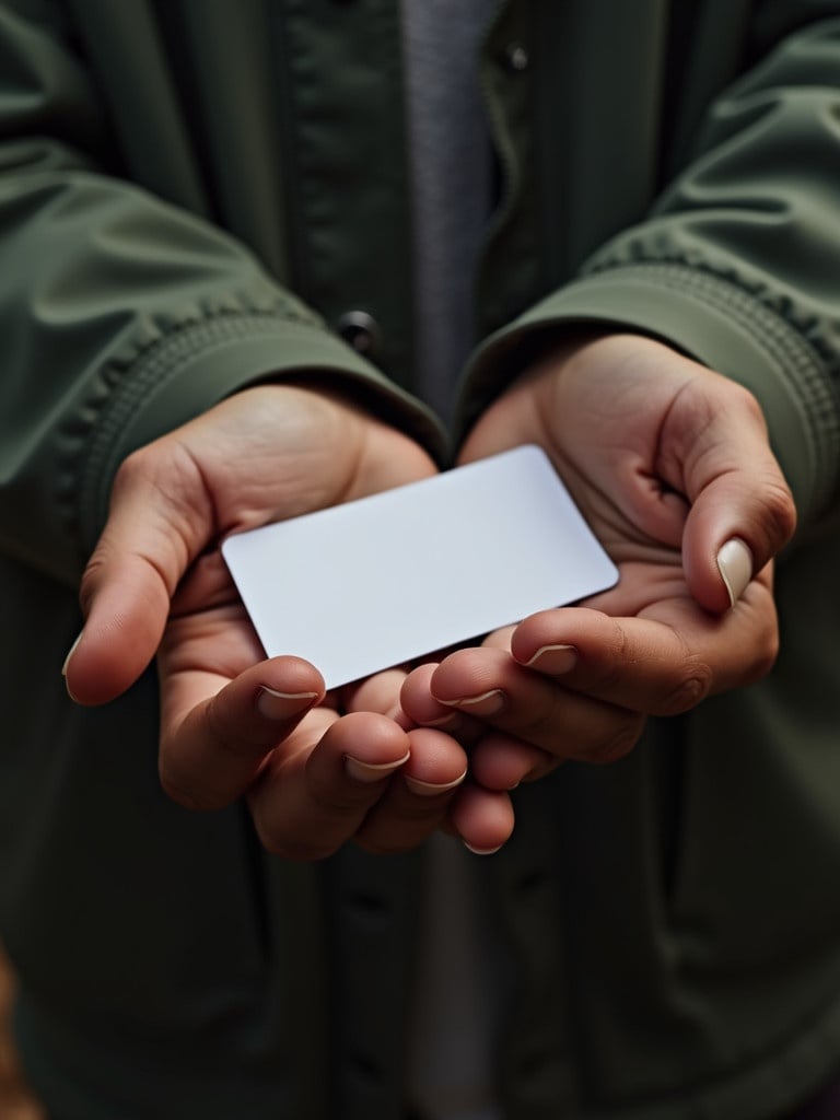 ID card held with two hands. Teen standing in nature. No visible details on card. Hands are in focus.