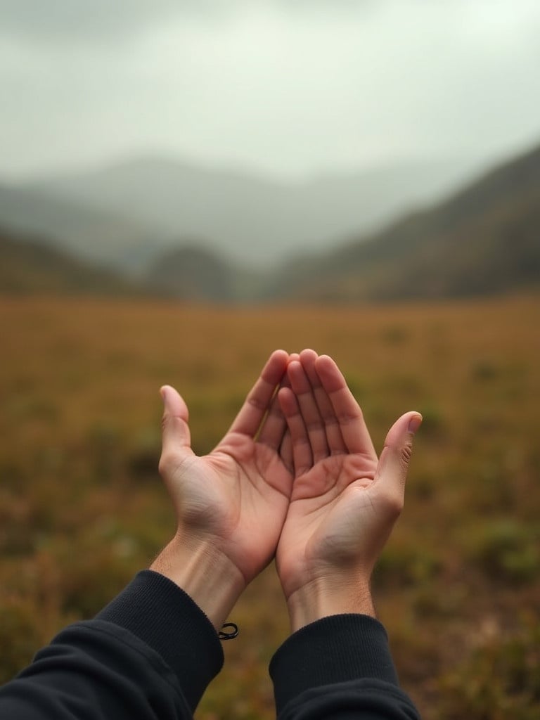 Open hands in front of a beautiful mountain landscape. Soft focus on the background. Calm and serene atmosphere.