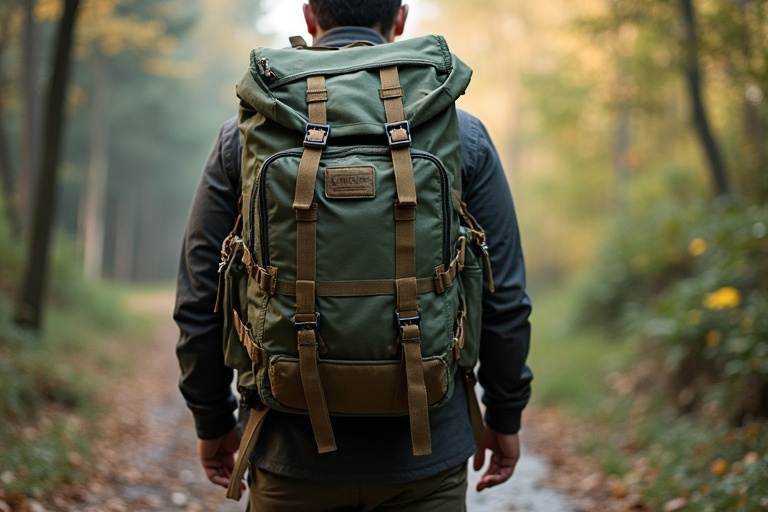 A man standing in a forest with a large green rucksack. The sun filters through the trees illuminating the path.