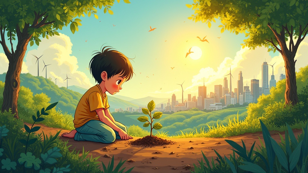 A young child kneels on the soil planting a small sapling. Warm sunlight filters through leaves in a lush green environment. In the background, a thriving eco-city with gardens and renewable energy sources. Birds and butterflies are visible symbolizing harmony with nature. A vibrant and optimistic setting.