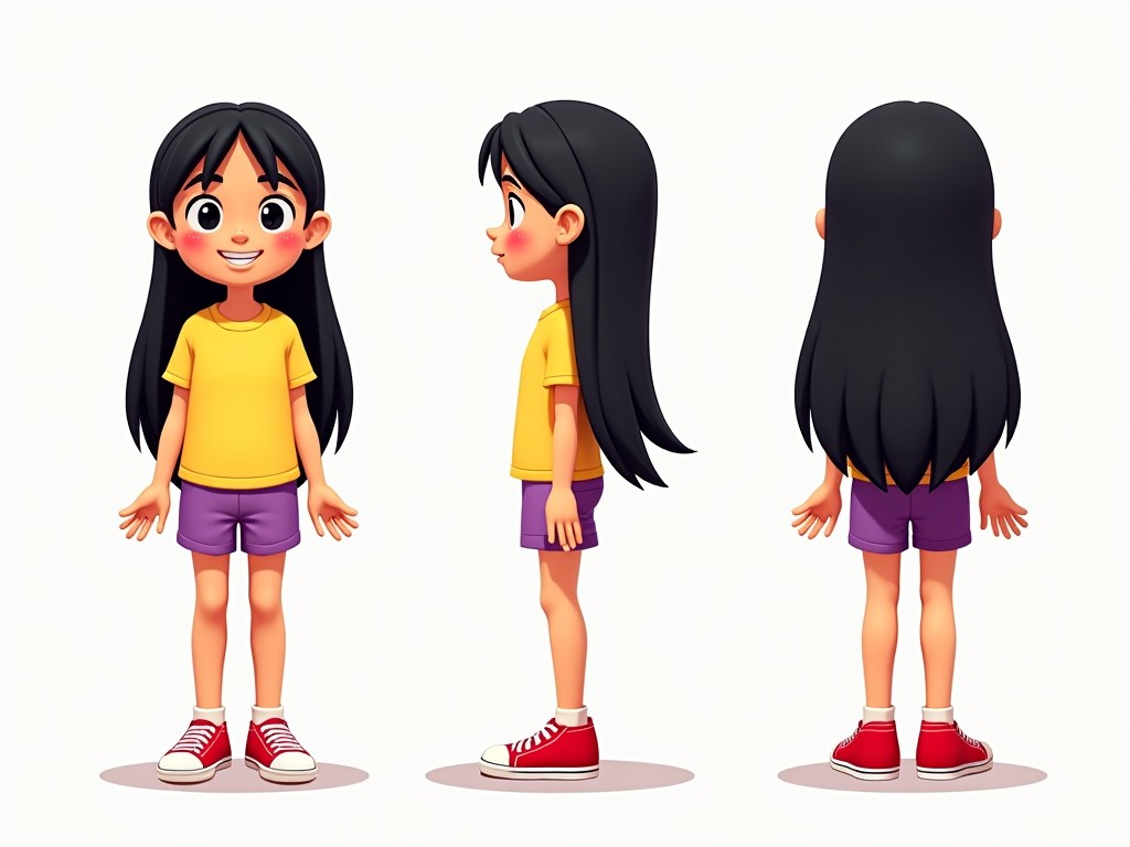 This image features a cartoon character turn-around sheet showcasing a cheerful girl. She has long black hair and is dressed in a bright yellow t-shirt paired with purple shorts. The character is depicted from three angles: front, side, and back, allowing for an effective design reference. Her footwear consists of vibrant red sneakers. The overall style is playful and engaging, suitable for a children's audience.