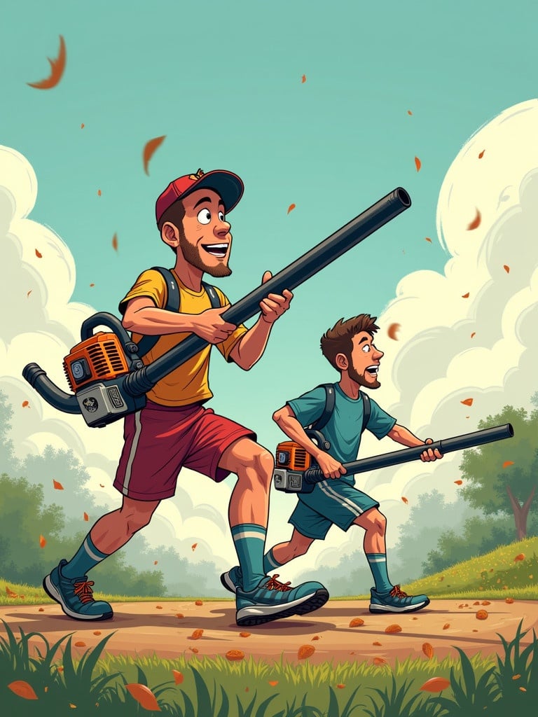 Cartoon of children in athletic wear. Boys carry gas-powered leaf blowers. They are outdoors on a sunny day. Leaves fall gently around them.