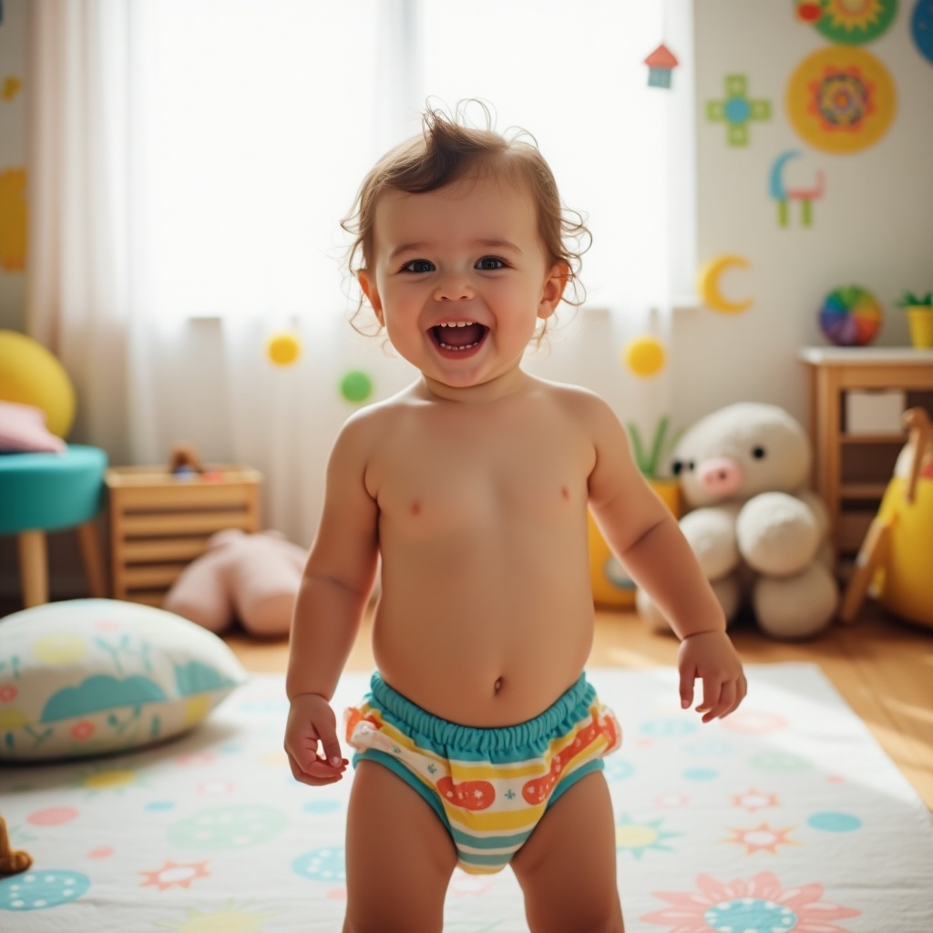 A joyful toddler standing on a colorful playmat in a bright and cheerful nursery. The baby is wearing colorful swim diapers, showcasing a playful expression. Sunlight streams through the window, illuminating the room filled with playful decor. Various toys and plush animals are scattered around, adding a sense of warmth and liveliness to the scene. The baby’s curly hair and cheerful demeanor create a sense of happiness and innocence.