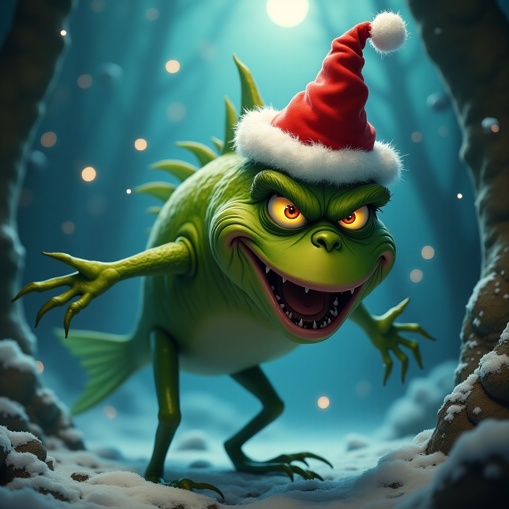 An evil fish wearing a red Santa hat is depicted in a snowy forest ambiance. The fish is grinning mischievously with sharp features. It appears to be conceptually chasing or stalking a character similar to the Grinch. The atmosphere is infused with a magical holiday spirit. The scene is filled with snow and illuminated with cool lighting.