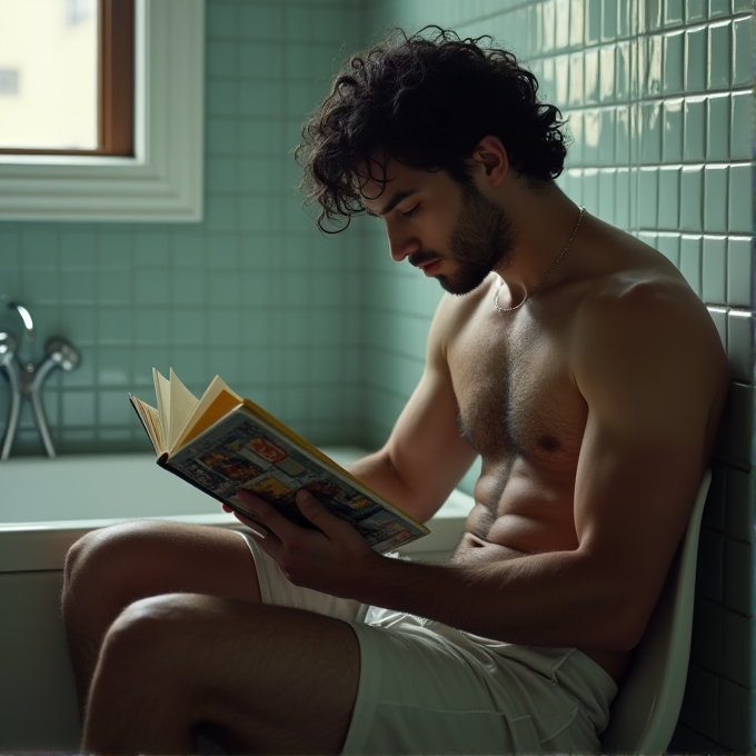 A shirtless man with curly hair and a contemplative expression reads a book while seated on a bath's edge, surrounded by soothing green tiles in a dimly lit bathroom.