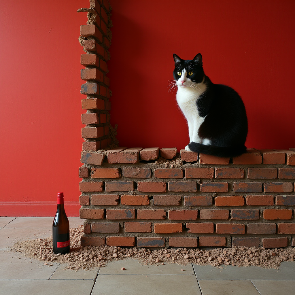 A black and white cat sits atop a partially constructed brick wall with a red peach bottle beside it against a red background.