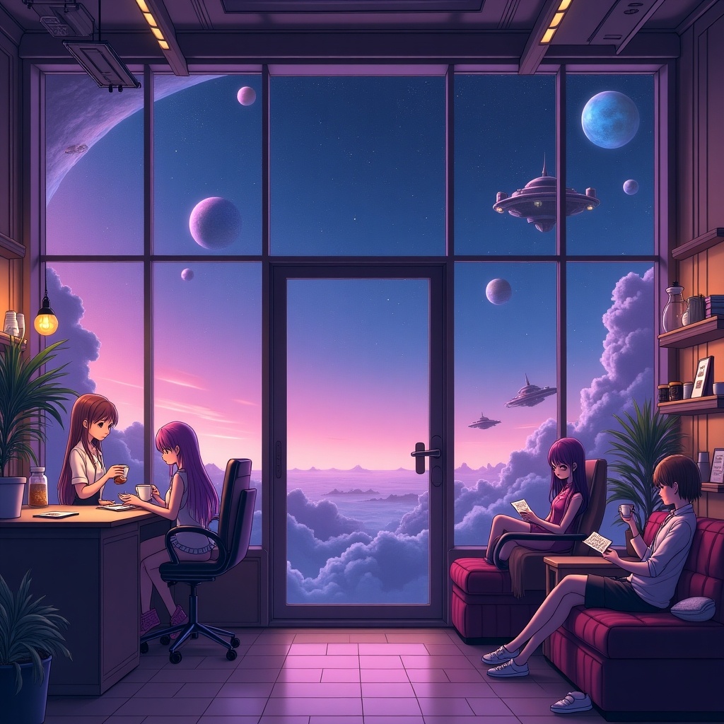 Visualize an anime-style cozy café floating among the stars. The café features large glass windows revealing a vast view of distant planets, nebulae, and stars that exude a soft purple glow inside. The interior is illuminated by gentle neon lights in various shades of purple, establishing a calm and inviting atmosphere. A young barista with pastel-colored hair stands behind the counter brewing a warm drink. Futuristic yet comfy seats are occupied by both aliens and humans sipping coffee and reading holographic books. Small spaceships outside drift by, their lights twinkling against the dark space, creating an ambiance perfect for studying or unwinding with lofi music playing in the background.