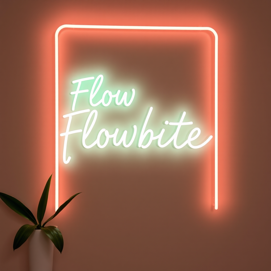 A neon sign with the words 'Flow Flowbite' surrounded by a glowing pink square and a potted plant below.