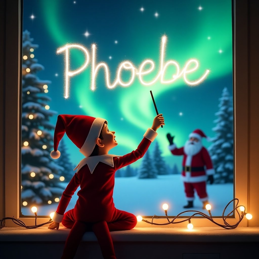 An enchanting scene that captures the spirit of Christmas with an elf on the shelf playfully facing the sky. The elf, dressed in red and white, is joyfully using a magical wand to write the name 'Phoebe' in sparkling letters in the sky. In the background, the stunning Northern Lights add a mesmerizing glow. Santa Claus can be seen cheerfully in the distance, enhancing the festive mood. Twinkling string lights wrap around the elf, further enriching this charming holiday setting.