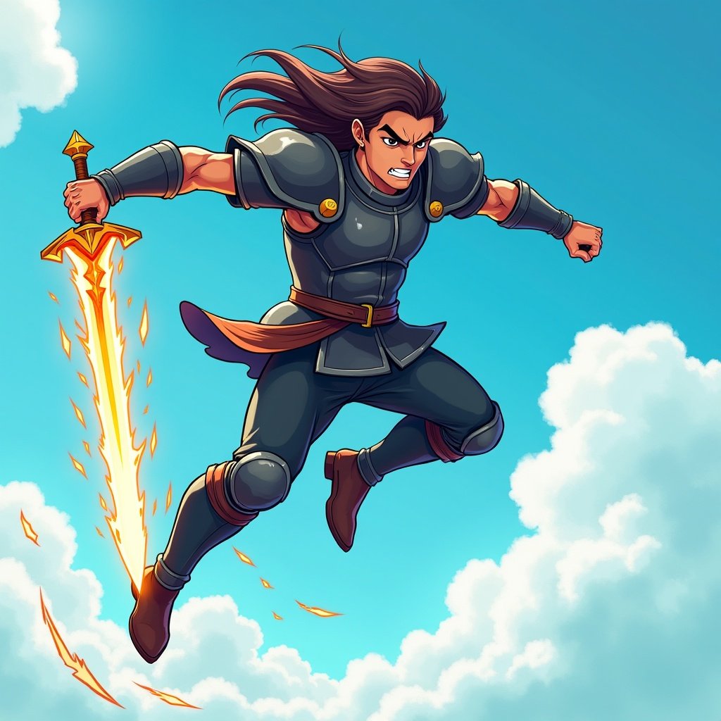 Dynamic illustration of a fierce warrior leaping through the sky. Character wears dark armor and wields a glowing fiery sword. Bright blue background with clouds and sparks. Flowing hair adds intensity and motion.