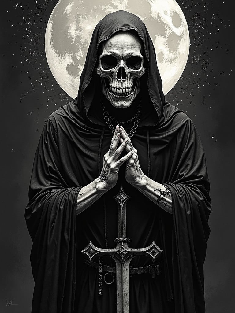 A cloaked figure stands with hands in prayer. The figure has a silver skeletal appearance. A large moon is in the background. The figure holds a sword. The aesthetic is dark and atmospheric. The scene reflects a theme of death and darkness.