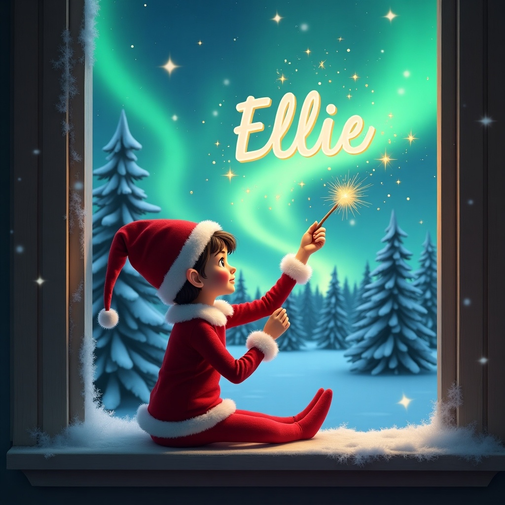 The image features an adorable girl elf on the shelf sitting on a window ledge. She has her back turned to the viewer and is using a magical wand to create twinkling sparks while looking up at the stunning display of northern lights. The background is set in a winter wonderland filled with snow-covered pine trees, creating a festive holiday atmosphere. Dressed in a vibrant red outfit with white trim, the elf embodies the Christmas spirit perfectly. The scene is illuminated by the captivating colors of the aurora borealis, enhancing the magical ambiance of the moment.