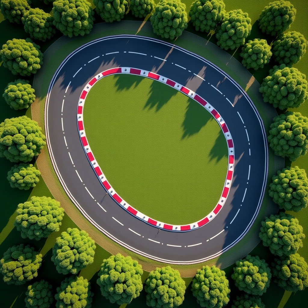 Top-down view of a racing track. Surrounded by green grass and trees. Designed like a professional circuit. Emphasizes layout and contours of the road.