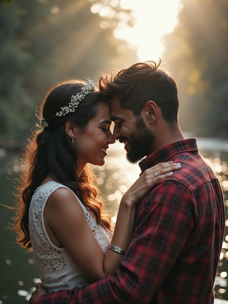 Intimate moment between two people in a natural setting. Soft warm light highlights their connection. Couple embracing near a body of water. Vegetation surrounds them, enhancing the romantic atmosphere.