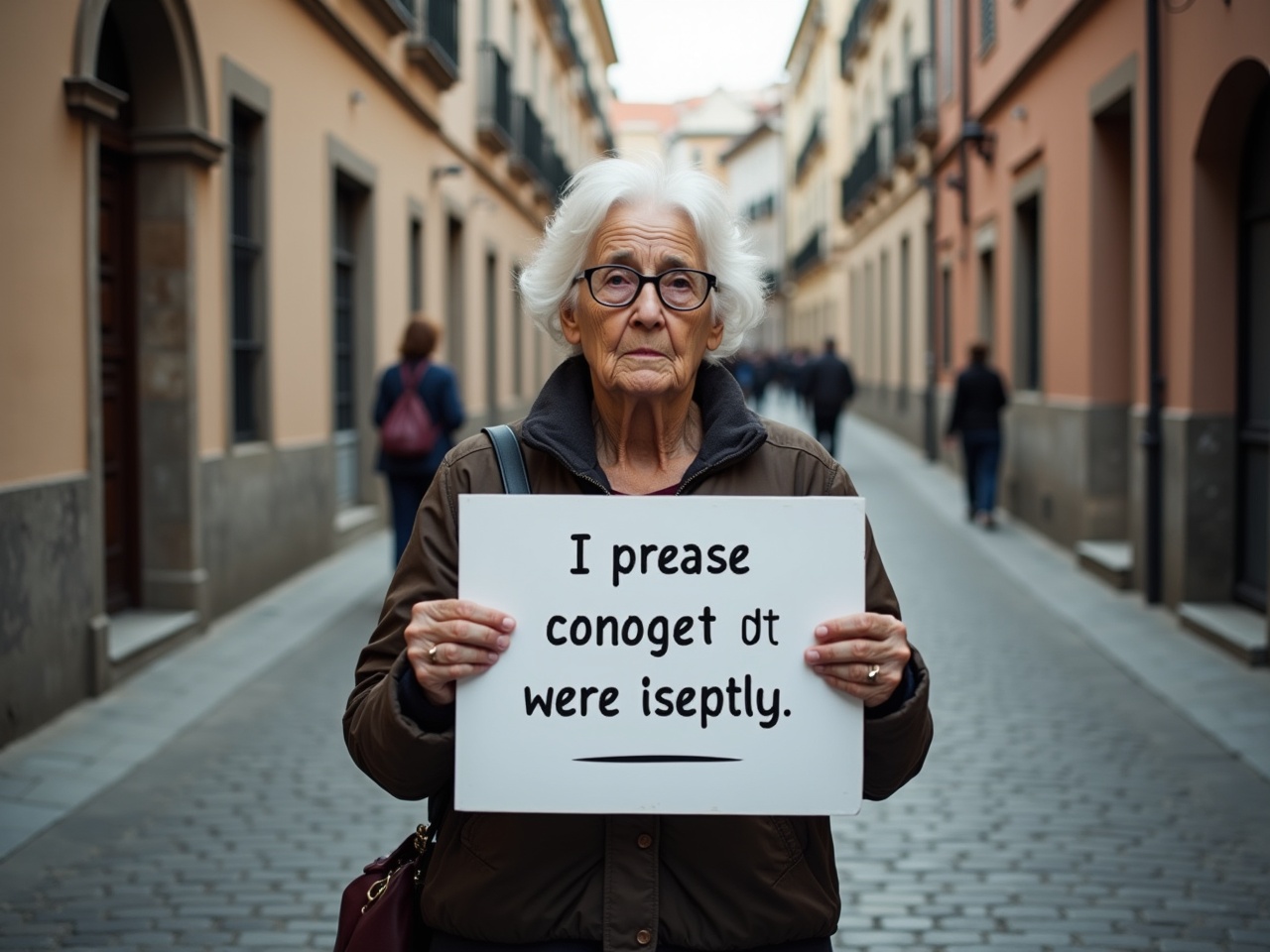 An elderly woman stands holding a sign with an incomplete phrase. She is in a quaint cobblestone street, surrounded by charming buildings that reflect a peaceful vibe. The atmosphere is contemplative as she gazes intently ahead. The soft, natural lighting adds a serene quality to the scene. This image captures the essence of communication and community in an artistic way.