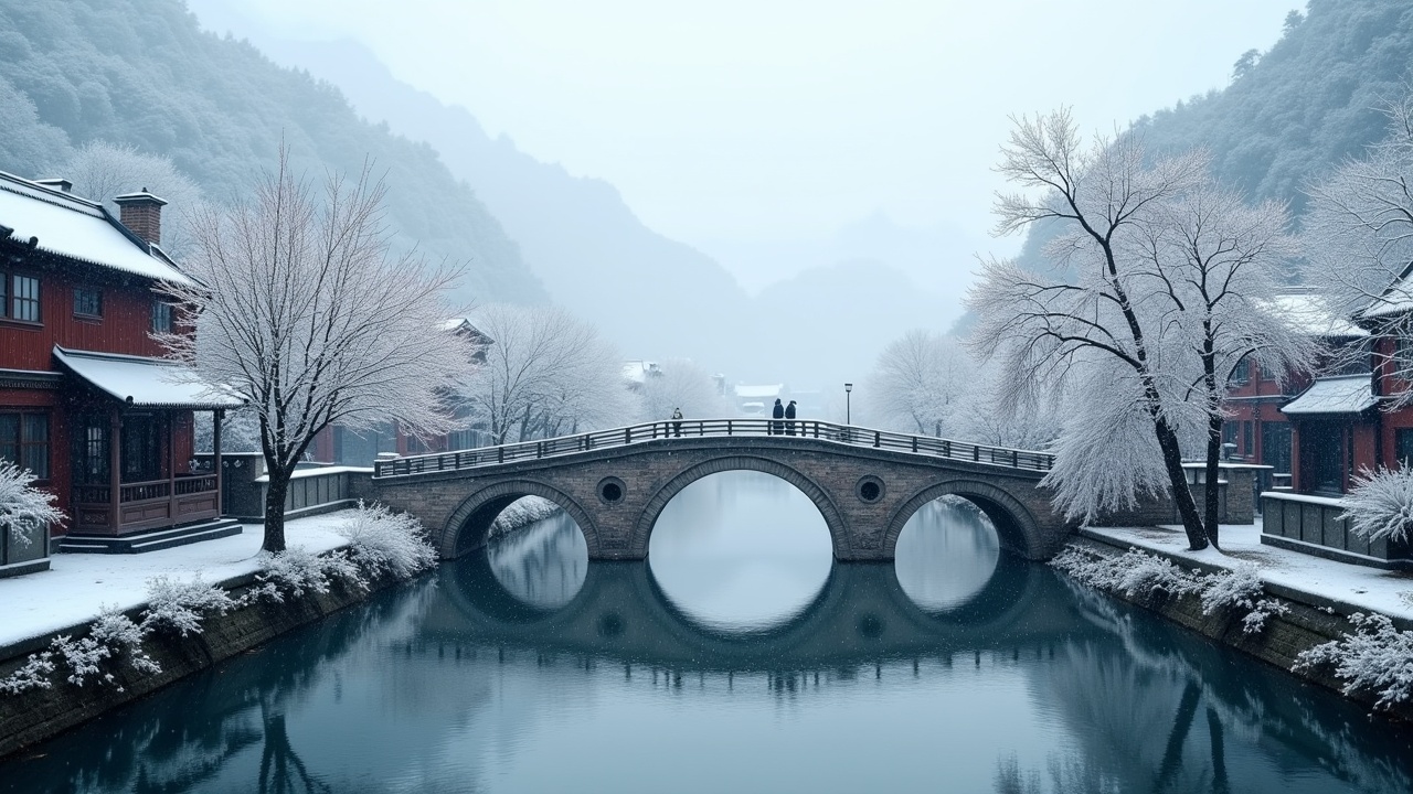 This image depicts a snowy scene in a Jiangnan water town, where everything is covered in a light layer of snow. A small bridge arches gracefully over flowing water, inviting viewers to explore the serene setting. In the background, distant mountains create a beautiful backdrop, adding depth to the composed image. The soft light enhances the tranquility of the scene, giving it a dreamlike quality. This serene winter landscape captures the beauty of nature in a still, realistic manner.