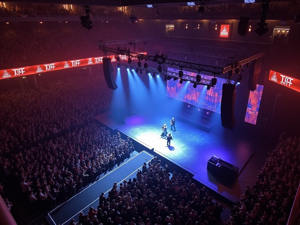 The image captures a vibrant live concert featuring Roddy Rich at Madison Square Garden. The stage design includes a T-stage runway that extends towards the audience, enhancing viewer interaction. Dramatic blue and purple lighting illuminates the performers, creating an energetic atmosphere for the crowd. The impressive venue is filled with an enthusiastic audience, showcasing the popularity of the event. Captured from a drone perspective, the image beautifully highlights the scale of the performance and the excitement of the attendees.