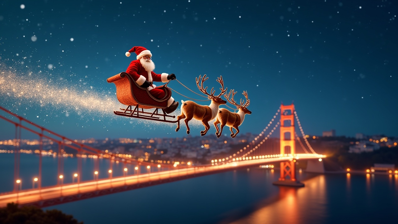 Aerial view of Santa flying on his sleigh over the Tagus Bridge in Lisbon. Magical sparkles transform into BIM models of city landmarks. Ultrarealistic style, shot with Arriflex Alexa.