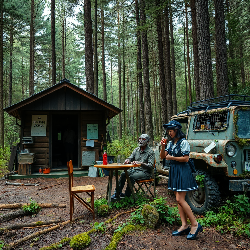 A surreal scene in a forest with a zombie seated at an outdoor table and a person dressed in a school uniform drinking from a bottle.