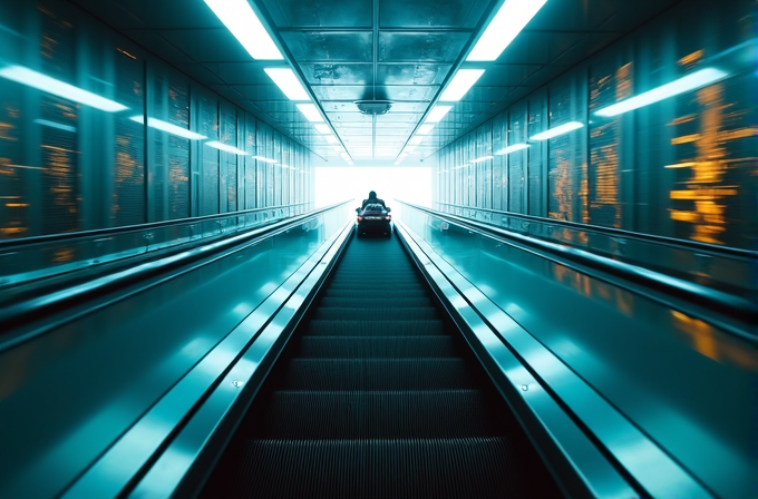 A person on an escalator is carried towards a bright, futuristic light.