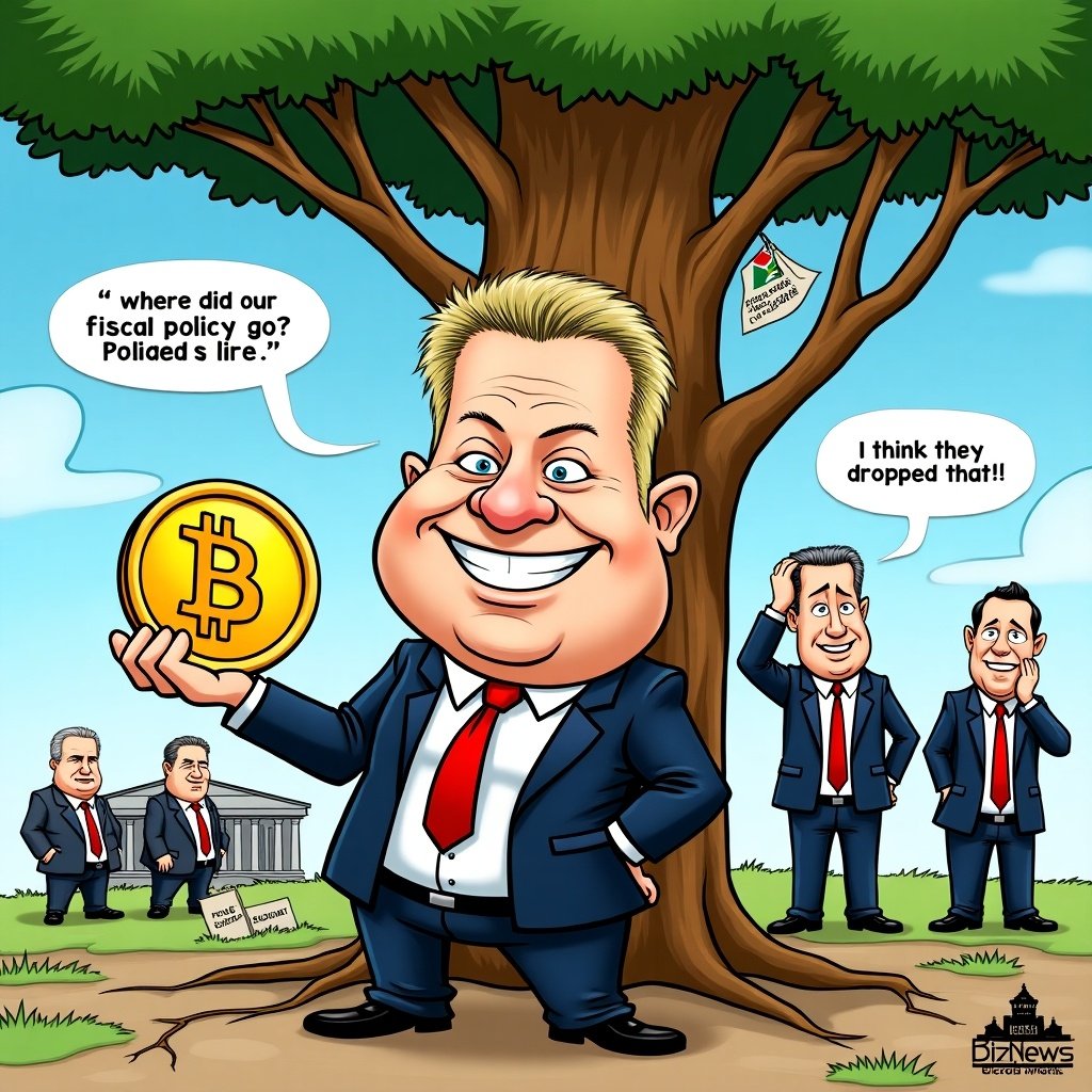 A political cartoon depicting a businessman holding a large Bitcoin with confused South African government officials in the background. Exaggerated facial expressions and a humorous take on fiscal policy. A tree symbolizing various financial concepts in the setting.