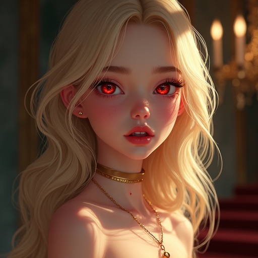 Young vampire girl with delicate features and serene expression. Skin softly illuminated highlighting rosy cheeks and subtle make-up. Blonde hair in loose waves framing face. Elegant gold jewellery sparkling in soft light. Bright red eyes and blood dripping from mouth. Dressed in latex zentai. Set in luxurious mansion.