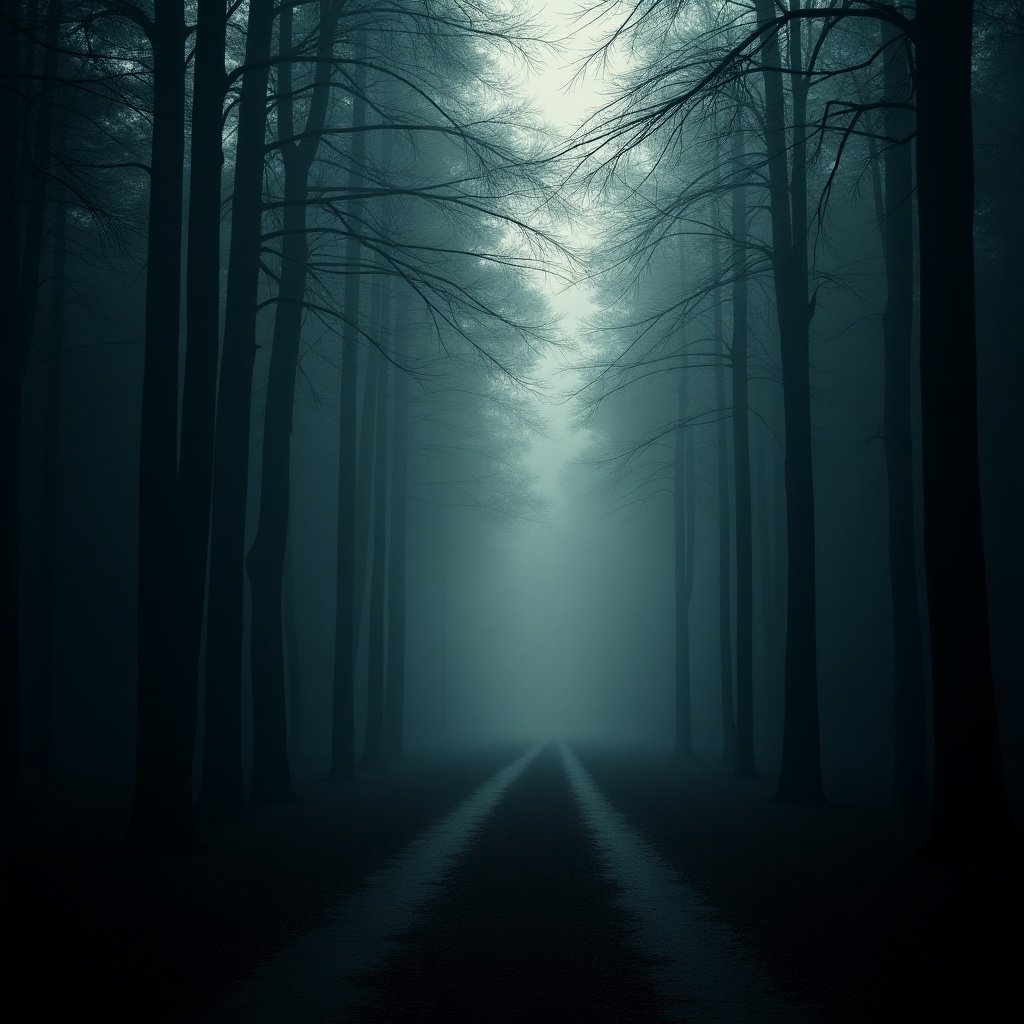 An image shows a dark misty forest path with towering trees. It conveys an imposing and eerie atmosphere. Soft light filters through the haze, leading the eye down an empty path into shadows.