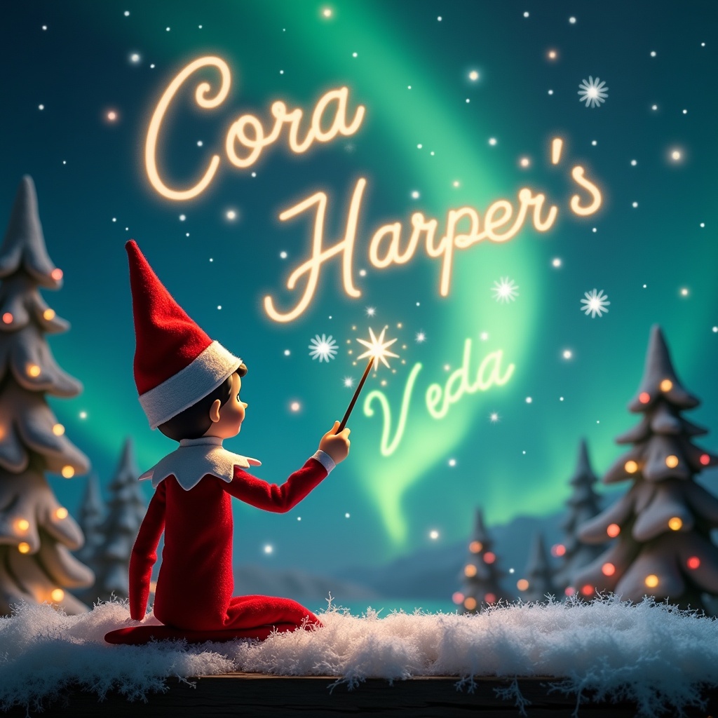 The image depicts a magical Christmas scene featuring an elf on the shelf. The elf is positioned with its back to the viewer, looking up at the sky. Dressed in a classic red and white outfit, the elf holds a magic wand that writes in glowing letters: 'Cora', 'Harper', and 'Veda'. The backdrop features vibrant northern lights, creating a whimsical and enchanting atmosphere. Glowing snow blankets the ground, enhancing the winter wonderland feel. This scene encapsulates the joy and excitement of the holiday season, inviting viewers to immerse themselves in the festive spirit.