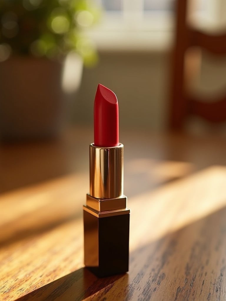 A red lipstick elegantly placed on a wooden table. Warm sunlight illuminates the scene. The lipstick has a shiny gold case and the table has a rich wooden texture.