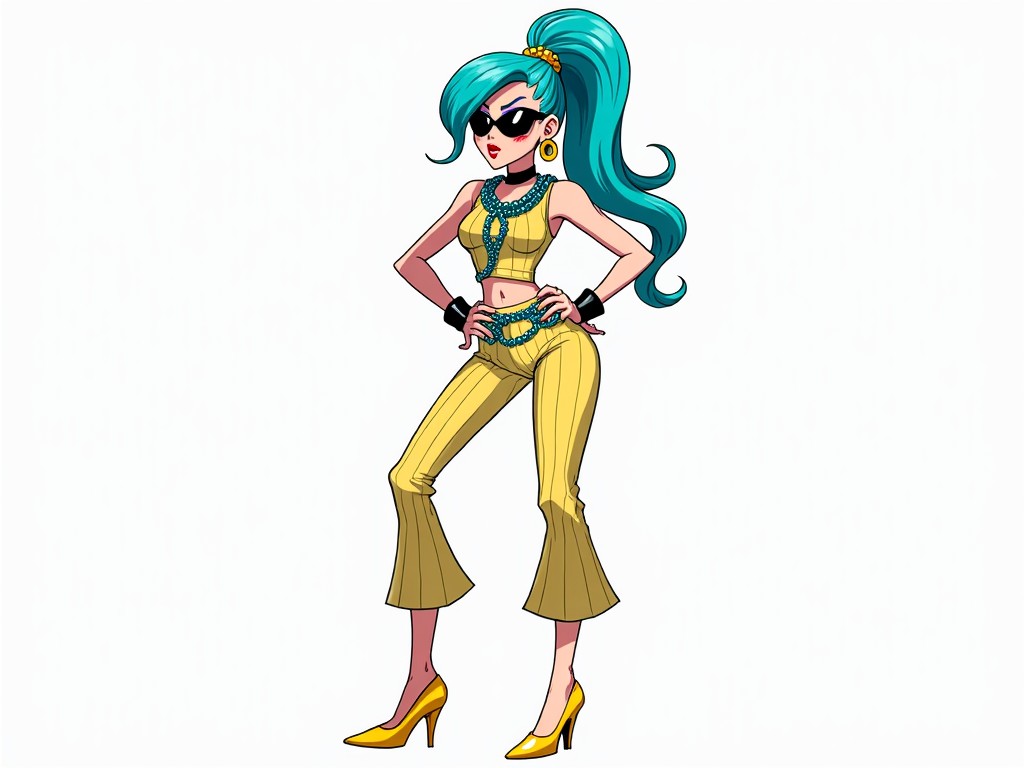 Cartoon character with teal hair wearing a yellow outfit, accessorized with jewelry and sunglasses, standing confidently