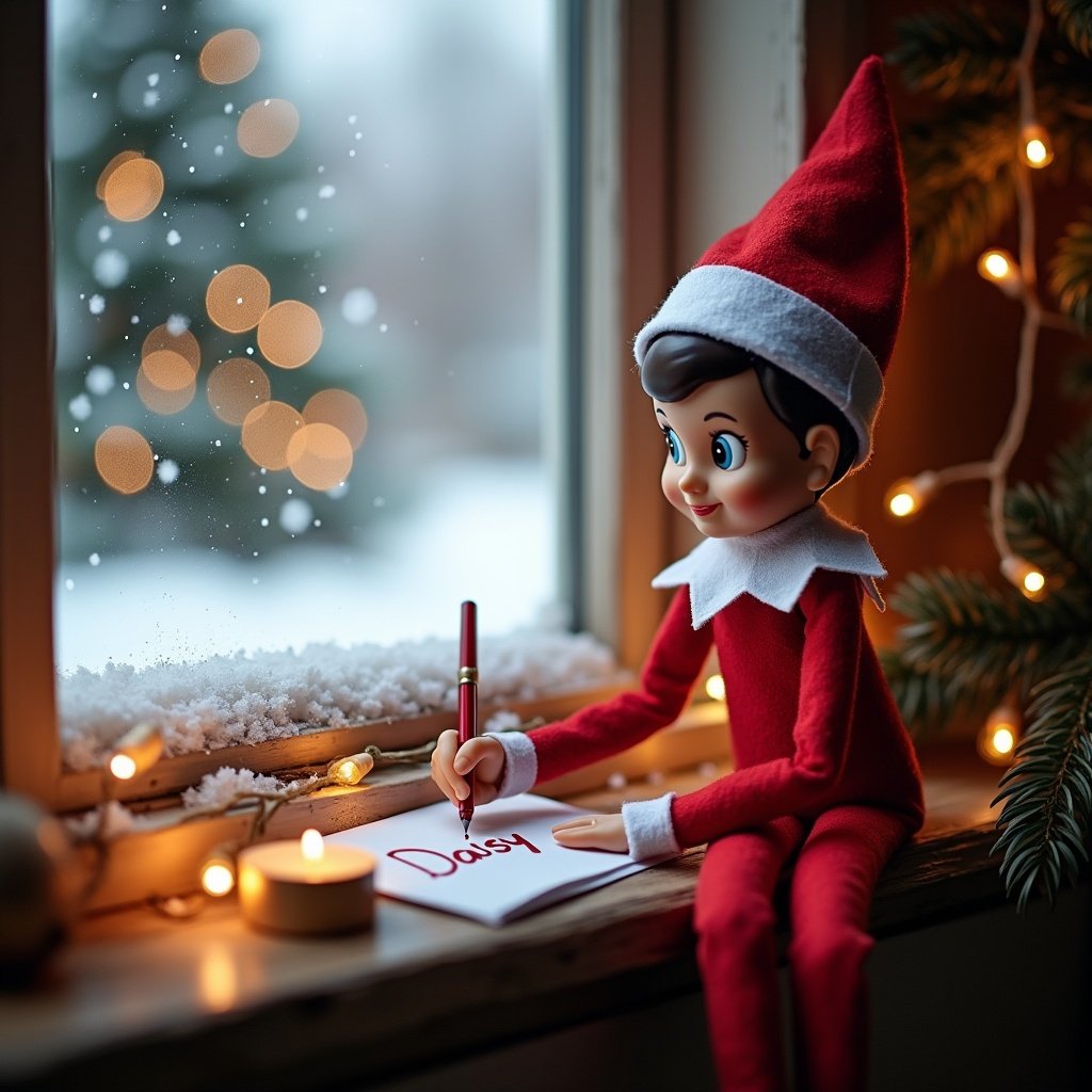 Image of an elf doll at a window in a snowy setting. Elf wears a red and white outfit and a pointed hat. Elf writes 'Daisy' on paper. Scene includes falling snow and warm lighting. Captures holiday spirit.