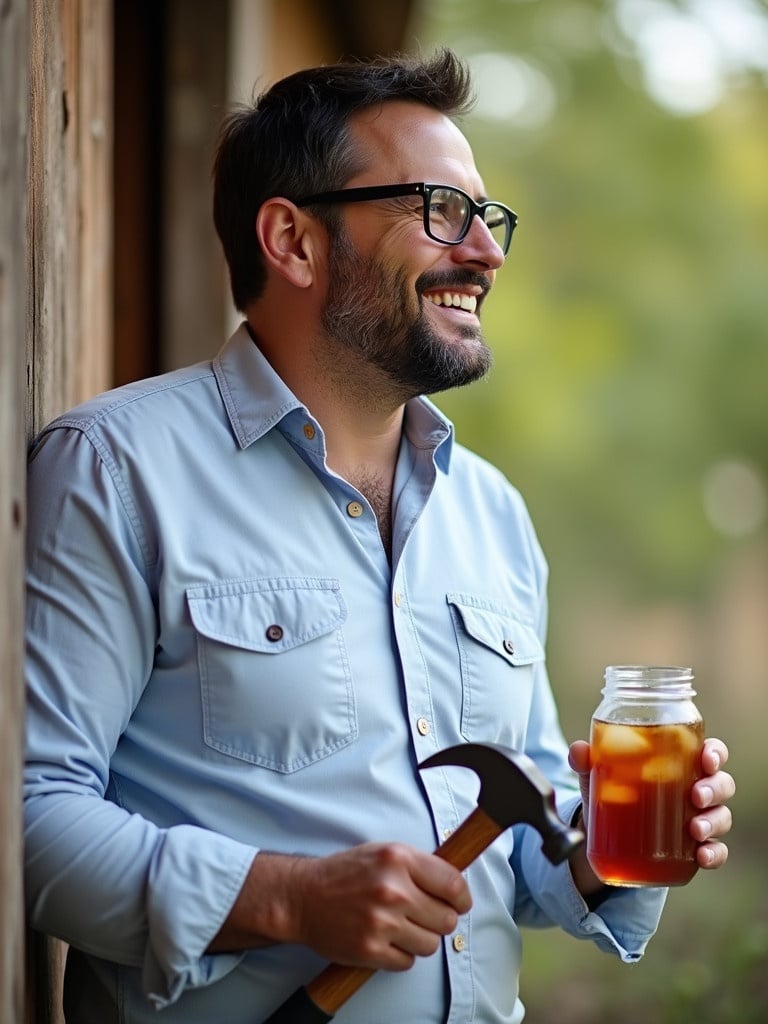 Profile picture of a middle-aged man wearing a blue shirt leaning on an outdoor building. He holds a hammer in one hand and a sweet tea in a jar in the other. The setting is bright and cheerful. The man appears happy and relaxed.