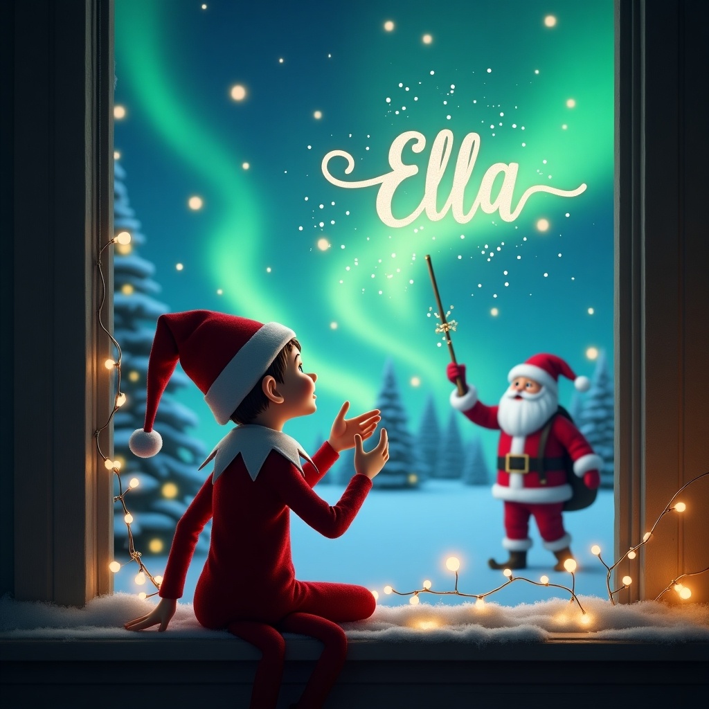 This image features an elf on the shelf, depicted from behind, enjoying the festive atmosphere. The elf is facing the sky, using a wand to write the name 'Ella' among the magical northern lights. In the background, Santa Claus adds to the enchanting scene, blending into the winter wonderland setting. Snow-covered trees accentuate the magical feeling. Soft, warm lights twinkle around the window, creating a cozy holiday ambiance. This illustration captures the joy and magic of Christmas, ideal for evoking holiday spirit.