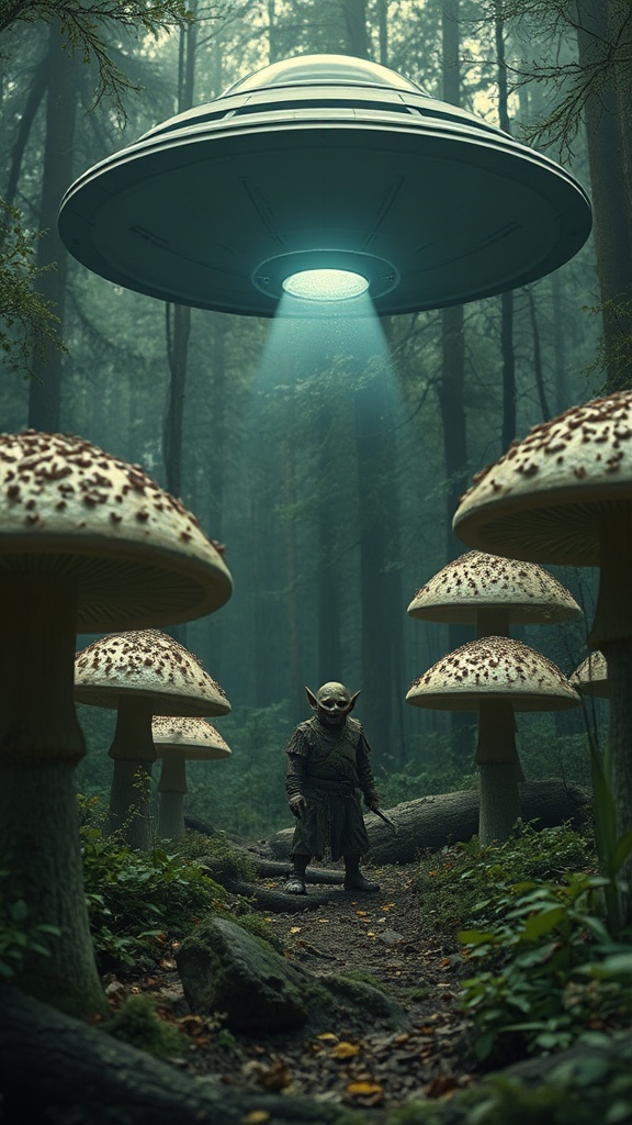 In a mystical forest, a small extraterrestrial creature stands amidst large mushrooms as a sleek UFO hovers above, casting a luminous beam downwards. The foggy atmosphere adds to the mysterious nature of this whimsical scene, blending elements of fantasy and science fiction.