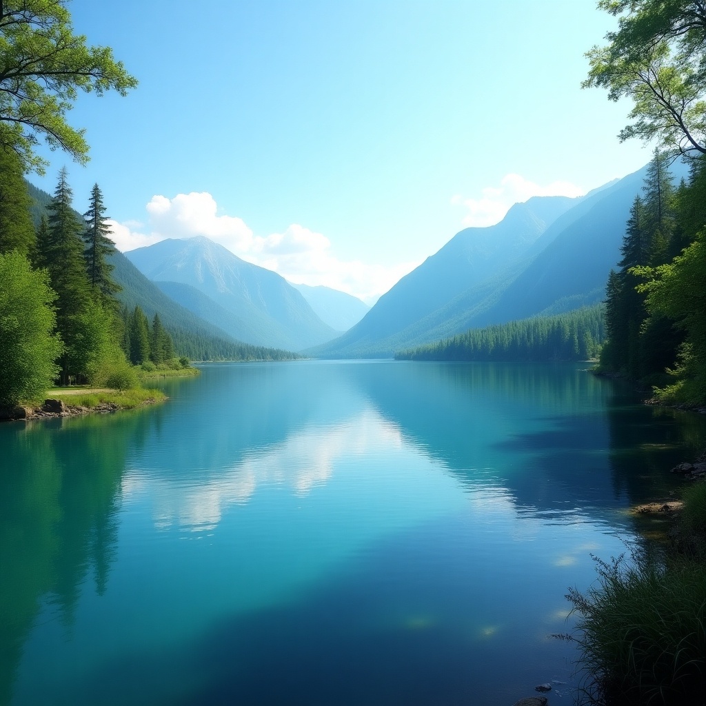 The image captures a tranquil lake, set against the backdrop of lush green forests and majestic distant mountains. Under a clear blue sky, the water reflects the surrounding scenery beautifully. The landscape exudes a sense of peace and serenity, making it an idyllic spot for relaxation and reflection. The vibrant colors of the water contrast with the rich greens of the trees, creating a harmonious natural palette. This scene invites viewers to imagine themselves in nature, enjoying the beauty of the great outdoors.