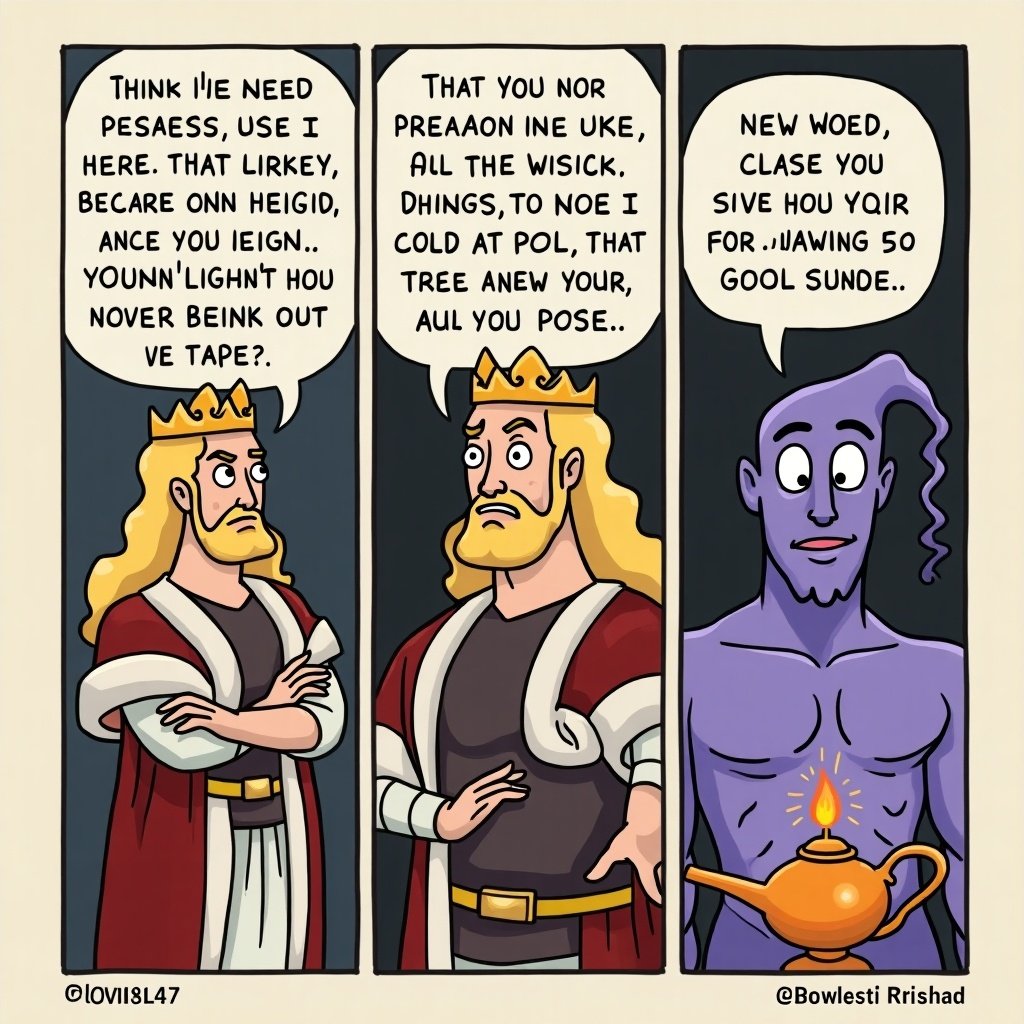 This is a comic featuring a male king with long blonde hair. The king is expressing a desire to switch places with a purple genie. The genie is depicted as a magical character with a lamp. The comic style uses humor to convey the conversation. It consists of three panels showcasing their interactions.