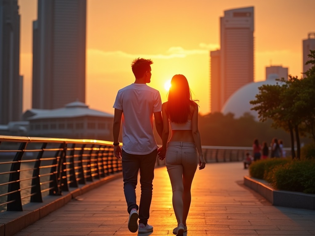 This image depicts a young couple walking hand in hand during the evening in Singapore. The sunset casts a warm golden glow, enhancing the romantic atmosphere. Skyscrapers can be seen in the background, silhouetted against the vivid colors of the sky. The couple's carefree stroll along the walkway symbolizes love and companionship. This scene encapsulates the perfect ending to a day in the vibrant city of Singapore.